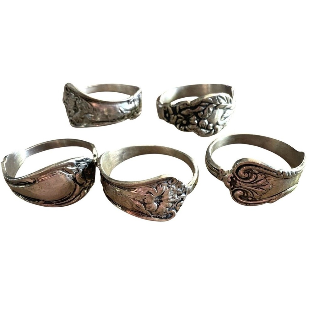 Vintage Silvertone Napkin Rings Stainless Floral Spoon Style Set Of 5